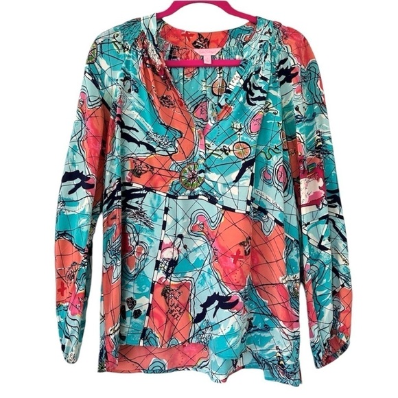 Lilly Pulitzer X Marks The Spot Map Print Elsa Silk Blouse - Picture 1 of 10